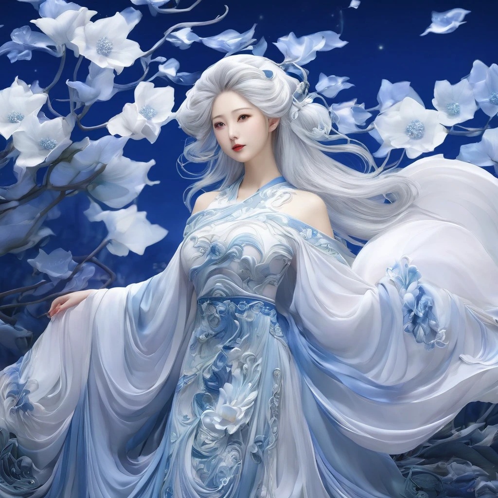 best quality,masterpiece,Ultra-high resolution,(photoactual:1.4),moonflower bush(background),20 years old ,Moonlight Flower Goddess(Japanese Girls),long white hair,crescent shaped eyes,Sexy body,,Wearing a moonflower dress,