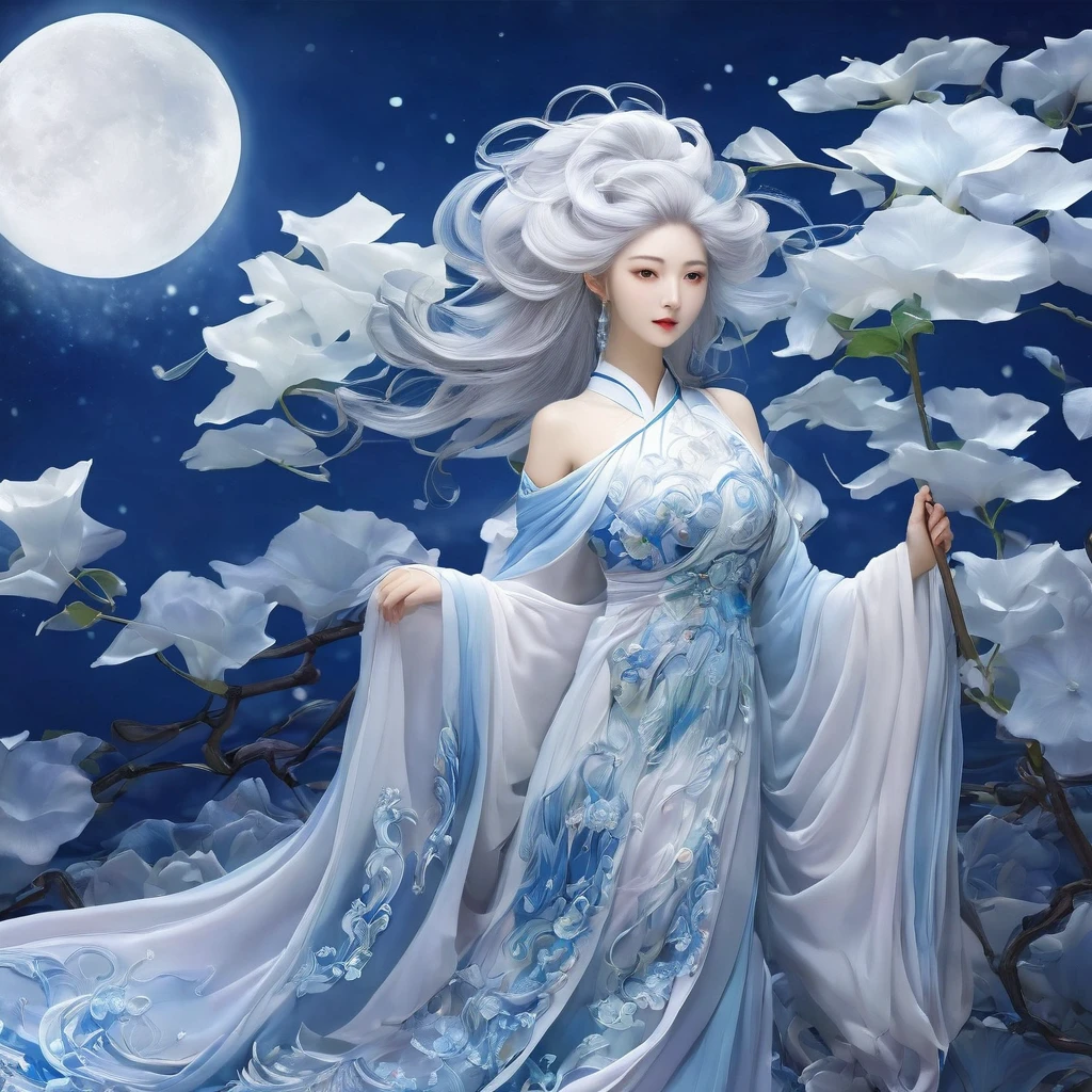 best quality,masterpiece,Ultra-high resolution,(photoactual:1.4),moonflower bush(background),20 years old ,Moonlight Flower Goddess(Japanese Girls),long white hair,crescent shaped eyes,Sexy body,,Wearing a moonflower dress,