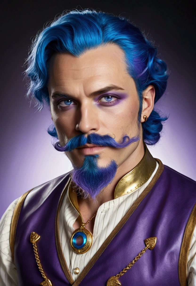 Medieval fighter, lithe and smooth skinned, bright deep blue-purple eyes, curly blue-dyed hair that reaches his collar, blue-dyed beard cut in three prongs. His fingernails are enameled blue. Gold painted mustache, large curving nose. A golden tooth gleams in his mouth. He dresses in striped pantaloons, high boots of purple leather, a white silk shirt, and a vest of golden rings