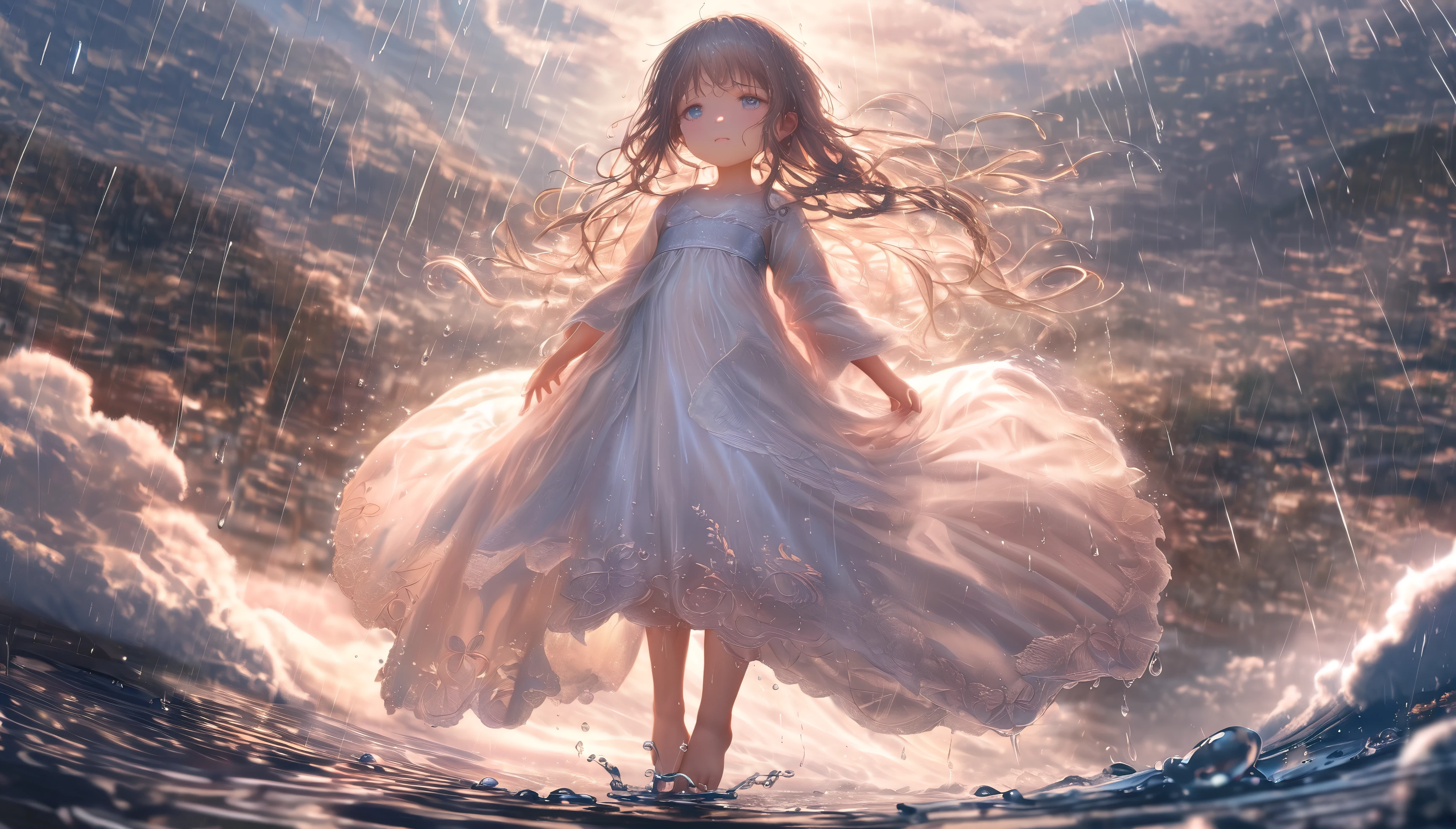 (full body), (solo), (A 7-year-old girl:1.2), (very young little girl), loli, (Solo), (small breast), (wide angle), raw photo, Aesthetic, Convoluted, Awarded, chiaroscuro, Best Quality, Detailed background, (Misty atmosphere:1.2), (hard rainy day:1.1),((Girl in very long white hanfu dress:1.2)), large white silk dress, long white hanfu with a silk texture, best wrinkles, real wrinkles, best shadows, (wet, wet body, wet hair, wet skin, very wet white dress, reflection on the wet dress, delicate cherry blossom embroidery, subtle water droplets:1.15), (water spray:1.1), In the heart of the rainstorm, the girl's white dress emerges as the central canvas of the scene. The fabric, once crisp and structured, now clings to her form with the weight of the rain. Each delicate fold and crease of the dress captures the essence of the downpour, transforming into a fluid silhouette that mirrors the contours of her body. The dress, adorned with intricate lace and subtle embroidery, takes on a life of its own. The lace, once a pattern of air and light, now holds the rain's secrets, each loop and thread glistening with captured droplets that refract the ambient light into a spectrum of soft pastels. As the girl moves, the dress responds with a lifelike fluidity, the hem swirling and eddying like a river in motion. The translucency of the wet fabric reveals the dance of shadows and light beneath, the contours of her legs hinted at through the sheer, rain-soaked layers. The camera captures the dress from various angles, each revealing a different facet of its transformation. A close-up reveals the fabric's texture, the threads now plush with water, the weave of the lace taking on a new depth. The dress's surface is peppered with countless raindrops, each a tiny prism reflecting the world around it. From a distance, the dress becomes a part of the larger tableau, its whiteness contrasting with the dark, rain-soaked ground. The camera zooms in to capture the way the fabric clings to