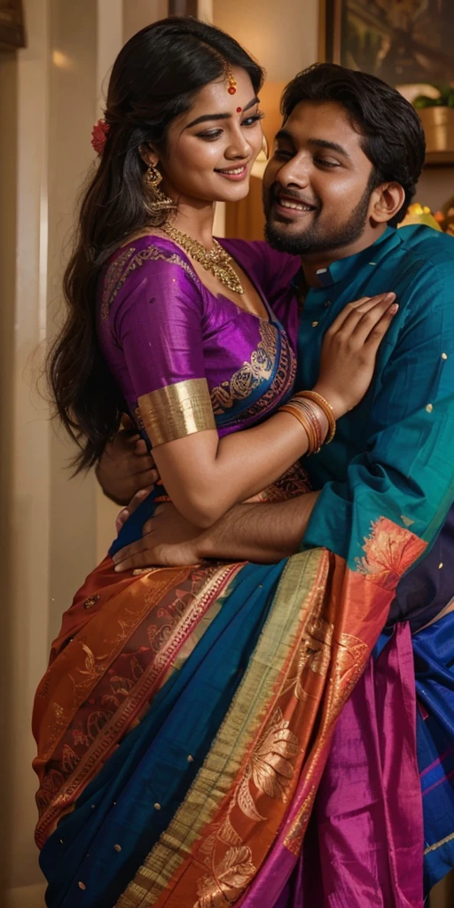 a  50-year-old shirtless man  affectionately hugging and kissing aradiant, full-figured South Indian plus-sized 30 year old teacher wearing a blue silky saree in  dressing room, captured in a full-body image with vibrant hues and meticulous details. Full body image