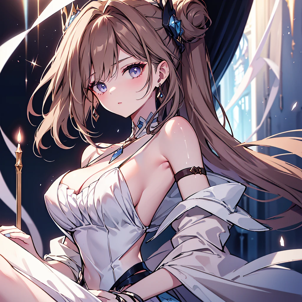 

Draw a portrait of a young confident and feminine girl wearing an elegant beige top hat dress with thin straps. She has brown hair and blue eyes. She looks relaxed and exudes sensuality. Work out the details of her look - elegant makeup, updo, decorations. Create an atmosphere of sophistication and attractiveness around her.

