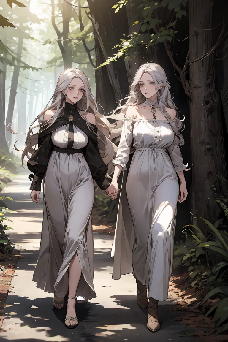woman, woman is gray long hair, big breast, wearing white maxi dress, witch, walking in forest