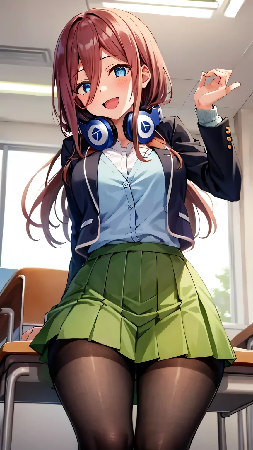{{{masterpiece}}}, {{{best quality}}}, {{ultra-detailed}}, {illustration}, {{an extremely delicate and beautiful}}, (beautiful detailed eyes:1.6), extremely detailed face, 16k, anime face, Nakano Miku(Gotoubun no Hanayome), cute face, long hair, bangs, blue eyes, brown hair, hair between eyes, large breasts, thin waist, big hips, curvaceous, shirt, headphones, cardigan, headphones around neck, , skirt, shirt, long sleeves, white shirt, pantyhose, pleated skirt, black pantyhose, cardigan, green skirt, blue cardigan, black jacket, open jacket, thighs, zettai ryouiki, BREAK ,1girl, cowboy shot,, open mouth, kyoushitsu, classroom, indoors, school chair, school desk, chalkboard, window, ceiling light, curtains, smiling, peer in from below, looking at viewer, daytime, sit on the desk, spread legs, smiling, flushed cheeks