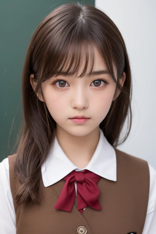 masterpiece, Highest quality, One Girl, (beautiful girl, cute:1.3), (:1.3), Definition of very fine particles, (Symmetrical eyes:1.3), (stage), (Japanese school girl uniform:1.3), Beautiful breasts, Brown eyes, Parted bangs, Brown Hair, (Eye and facial details:1.0)