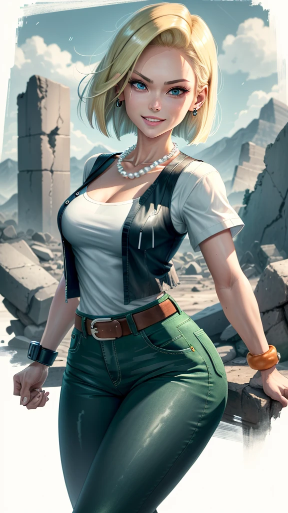 best quality, highres, and18, 1girl, android 18, solo girl, 1girl, blonde hair, blue eyes, belt, green jeans, pearl necklace, bracelets, black gloves, white shirt, short hair, short sleeves, earrings, green pants, open vest, black vest, orange socks, black shoes, medium breasts, cowboy shot, mountains, straight-on, (weather: raining and windy), wet shirt, sexy smile, combat stance, battle ruins, wide hips, thick legs, closed fists, torn clothes,