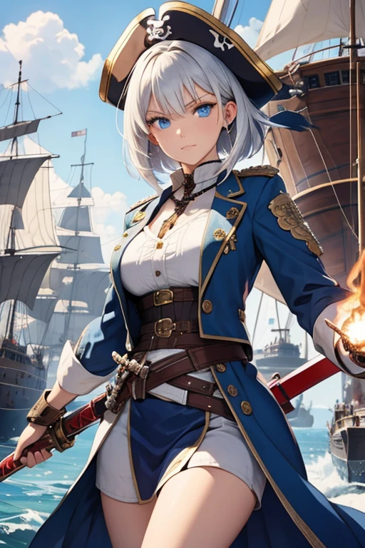 A woman with silver bob hair and blue eyes, extremely detailed and realistic, masterpiece quality, ultra-detailed, HDR, vivid colors, physically-based rendering, pirates, pirates war, on the wooden big ship, (((She is wielding a large saber))), she is a pirates king, battle, she is attacking, she is fighting, fire, flame