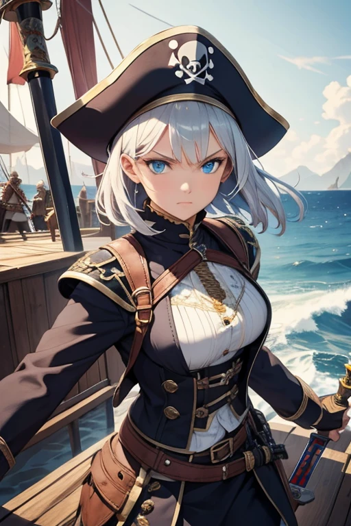 A woman with silver bob hair and blue eyes, extremely detailed and realistic, masterpiece quality, ultra-detailed, HDR, vivid colors, physically-based rendering, pirates, pirates war, on the wooden big ship, (((She is wielding a large saber))), she is a pirates king, battle, she is attacking, she is fighting, fire, flame