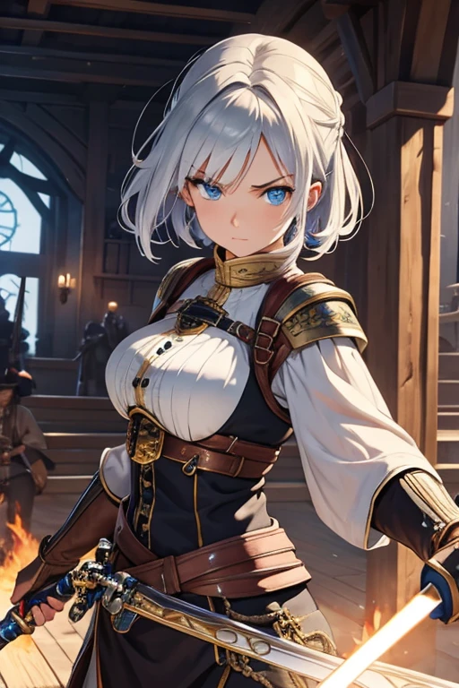 A woman with silver bob hair and blue eyes, extremely detailed and realistic, masterpiece quality, ultra-detailed, HDR, vivid colors, physically-based rendering, pirates, pirates war, on the wooden big ship, (((She is wielding a large saber))), she is a pirates king, battle, she is attacking, she is fighting, fire, flame