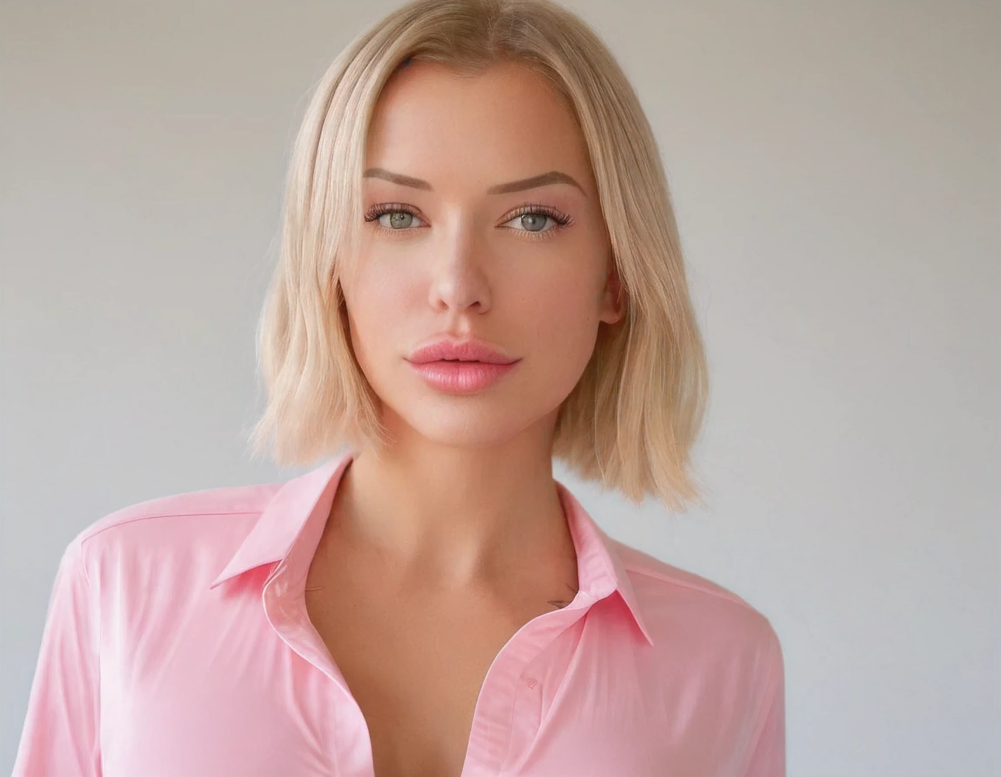 a woman with long blonde hair wearing a pink shirt, blonde swedish woman, blonde, pink lips, sexy face, instagram model laurence bedard, pink girl, dasha taran, pink face, thin light pink lips, anna nikonova aka newmilky, pink shirt, perfect face ), with