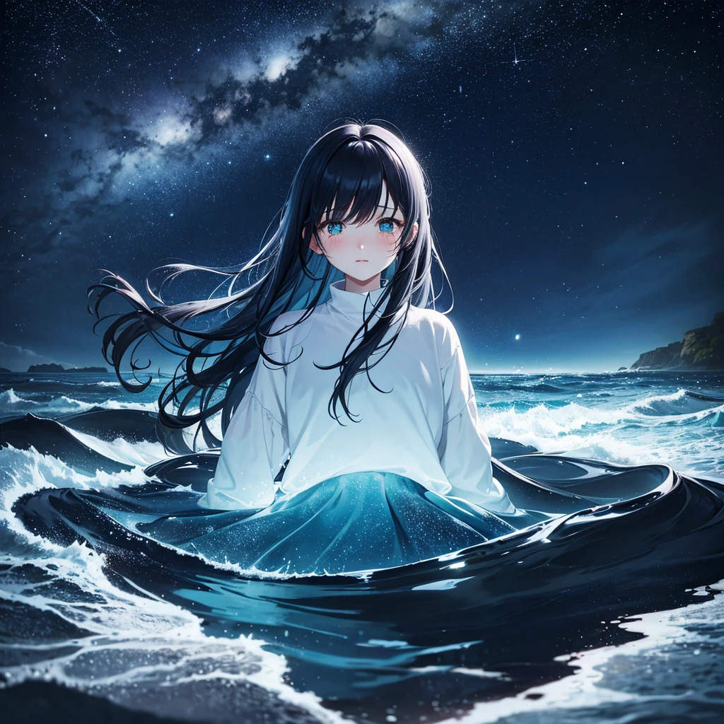 The bottom of the sea, deep sea, scenery, Starry Sky, night, One girl, alone, Outdoor, Are crying, Long Hair, White skin, silhouette, Short skirt
