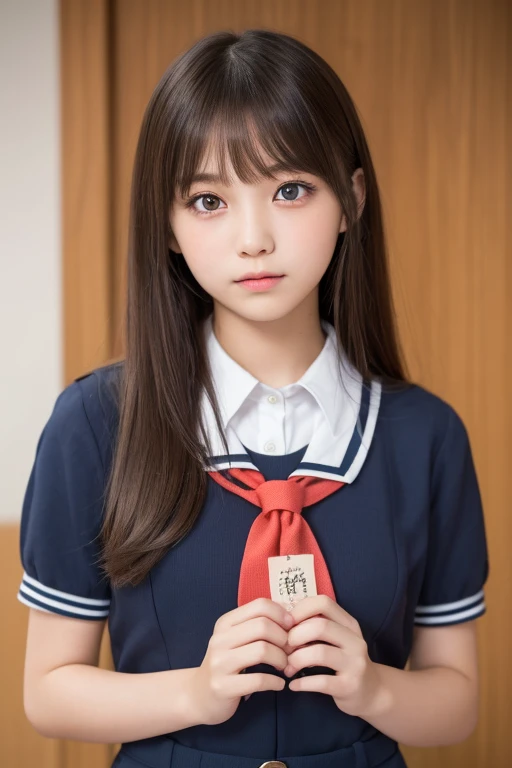 masterpiece, Highest quality, One Girl, (beautiful girl, cute:1.3), (15 years old:1.3), Definition of very fine particles, (Symmetrical eyes:1.3), (stage), (Japanese school girl uniform:1.3), Beautiful breasts, Brown eyes, Parted bangs, Brown Hair, (Eye and facial details:1.0)