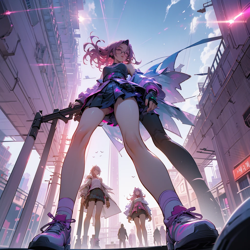 Shooting from below, break, Dystopian city with pink and purple neon signs and holograms projected on buildings and in the sky, break, Beautiful slim figure, lipstick, Purple glasses, Long Red Hair, Twin Blade, Short skirt, break, night, Cyberpunk aesthetic, 非常にdetailedな照明, dramatic, 8k, High definition, Skin Texture, リアルなSkin Texture, armor, Highest quality, 超High resolution, Photorealistic, High resolution, detailed, RAW Photos, break, Realistic anatomy, goddess, g string, Knee socks, Full Body Shot, Feet close-up, Worst camera angle, 4K