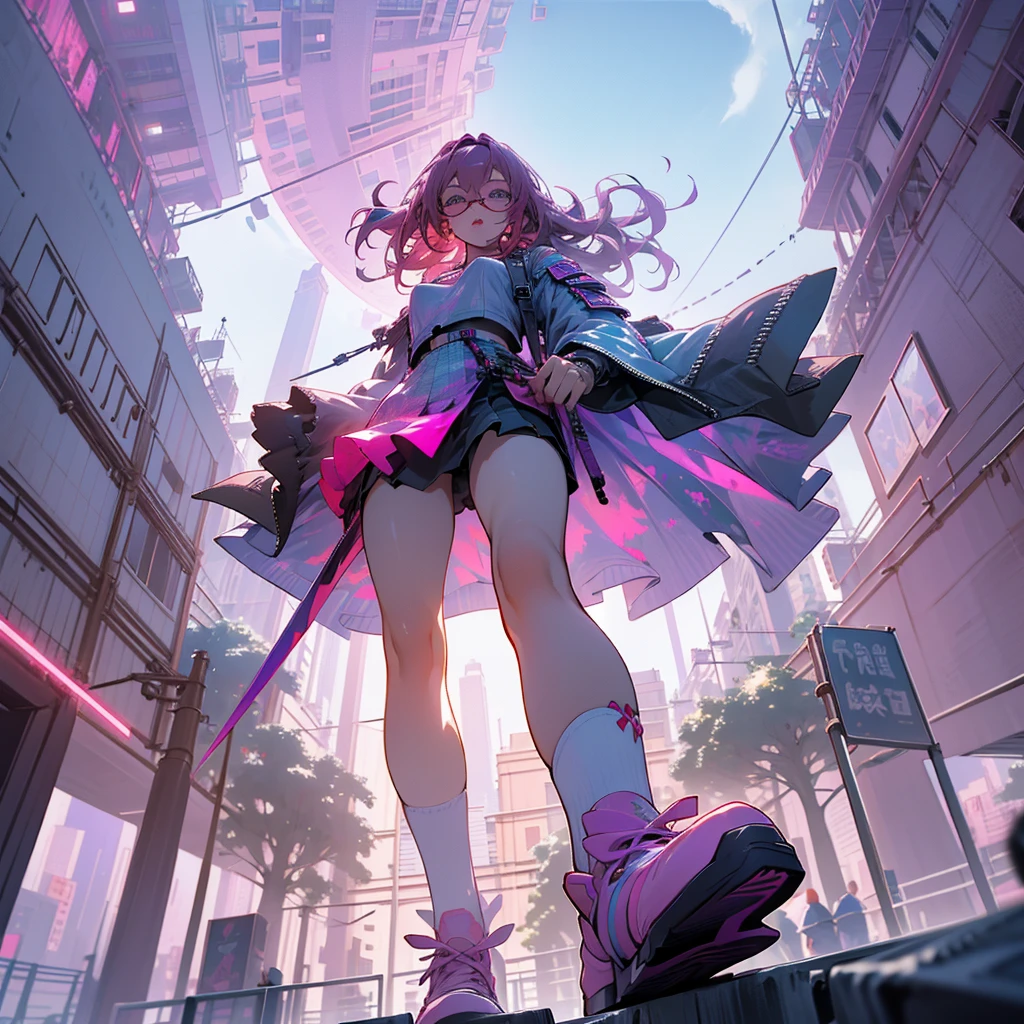 Shooting from below, break, Dystopian city with pink and purple neon signs and holograms projected on buildings and in the sky, break, Beautiful slim figure, lipstick, Purple glasses, Long Red Hair, Twin Blade, Short skirt, break, night, Cyberpunk aesthetic, 非常にdetailedな照明, dramatic, 8k, High definition, Skin Texture, リアルなSkin Texture, armor, Highest quality, 超High resolution, Photorealistic, High resolution, detailed, RAW Photos, break, Realistic anatomy, goddess, g string, Knee socks, Full Body Shot, Feet close-up, Worst camera angle, 4K