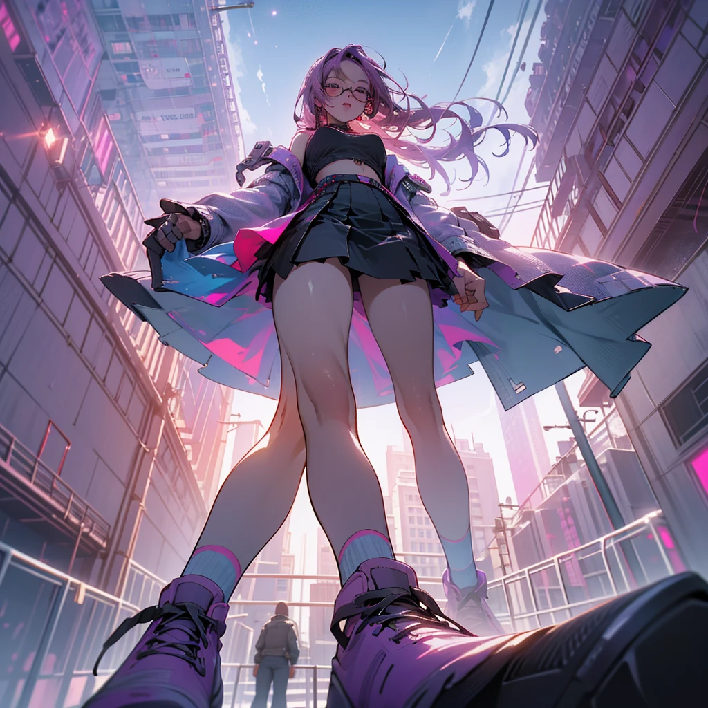 Shooting from below, break, Dystopian city with pink and purple neon signs and holograms projected on buildings and in the sky, break, Beautiful slim figure, lipstick, Purple glasses, Long Red Hair, Twin Blade, Short skirt, break, night, Cyberpunk aesthetic, 非常にdetailedな照明, dramatic, 8k, High definition, Skin Texture, リアルなSkin Texture, armor, Highest quality, 超High resolution, Photorealistic, High resolution, detailed, RAW Photos, break, Realistic anatomy, goddess, g string, Knee socks, Full Body Shot, Feet close-up, Worst camera angle, 4K