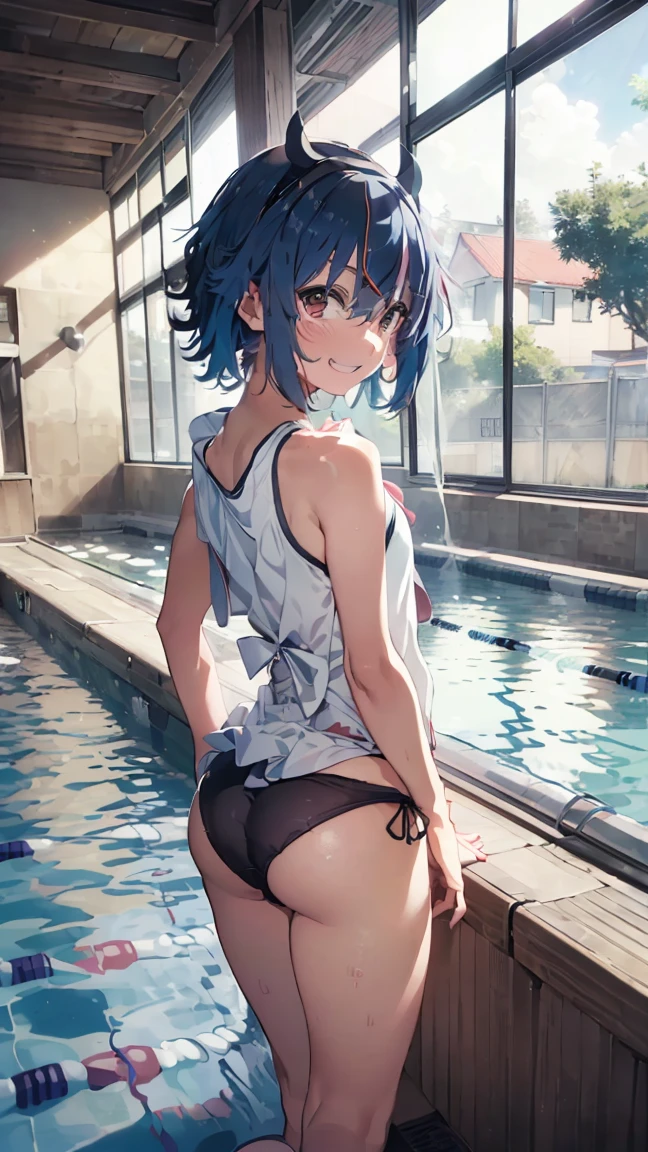 masterpiece, Highest quality, High resolution, Very detailed,(((Mikoto Naruka))), (((Poolside)))、(((Laughing out loud。)))、(((Standing in the distance))), (((Facing forward。))), night, (((Tile wall))), (((window))), (((Panty shot。))), (((Black underwear))), (((School swimming pool)))