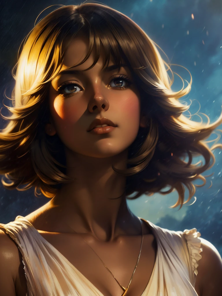 ((Solo Beautiful Colombian woman with dark skin and striking eyes)), shadowed interior background, art by akihiko yoshida, manga art style, colorfield illustration, Scary atmosphere, global illumination, by frank frazetta, art by goro fujita, glamour shot, banner, blur, anime key visual, (blue, yellow and grey colors), dramatic photo, anime girl, Intricate details, chiaroscuro, pino daeni, impressionist (best quality, masterpiece)
