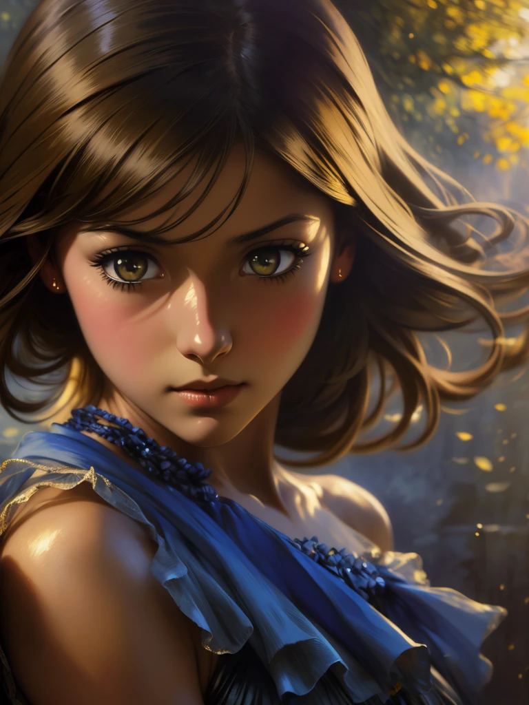((Solo Beautiful Colombian woman with dark skin and striking eyes)),  shadowed interior background, art by akihiko yoshida, manga art style, colorfield illustration, Scary atmosphere, global illumination, by frank frazetta, art by goro fujita, glamour shot, banner, blur, anime key visual, (blue, yellow and grey colors), dramatic photo, anime girl, Intricate details, chiaroscuro, pino daeni, impressionist (best quality, masterpiece)