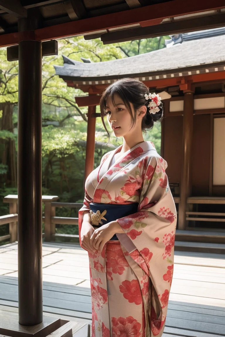 Beautiful female breasts, Japanese, kimono, shrine, movie environment, (best quality,4K,8K,high resolution,masterpiece:1.2),Extremely detailed,(Practical,photoPractical,photo-Practical:1.37),(Looking at the audience),shrine