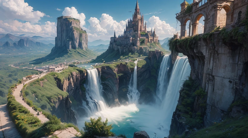 (best quality,4k,8k,highres,masterpiece:1.2),ultra-detailed,(realistic,photorealistic,photo-realistic:1.37),huge castles,skyscrapers floating in the sky,utopia,top quality fantasy,cyberpunk isekai,giants waterfall,mother nature,unimaginable,unbelievable,virtual reality,oasis of serenity,colorful neon lights,futuristic technology,vibrant cityscape,awe-inspiring architecture,unlimited possibilities,mesmerizing view,ethereal atmosphere,enchanting environment,majestic structures,thousands of feet high,sparkling clear water,breathtaking scenery,transcendent beauty,surreal landscape,architectural marvels,wonder of nature,harmony between man and nature,limitless imagination,urban paradise,dream-like setting,unrealistically magnificent,picture-perfect moments,serene tranquility,spellbinding aesthetic,awe-inducing skyline