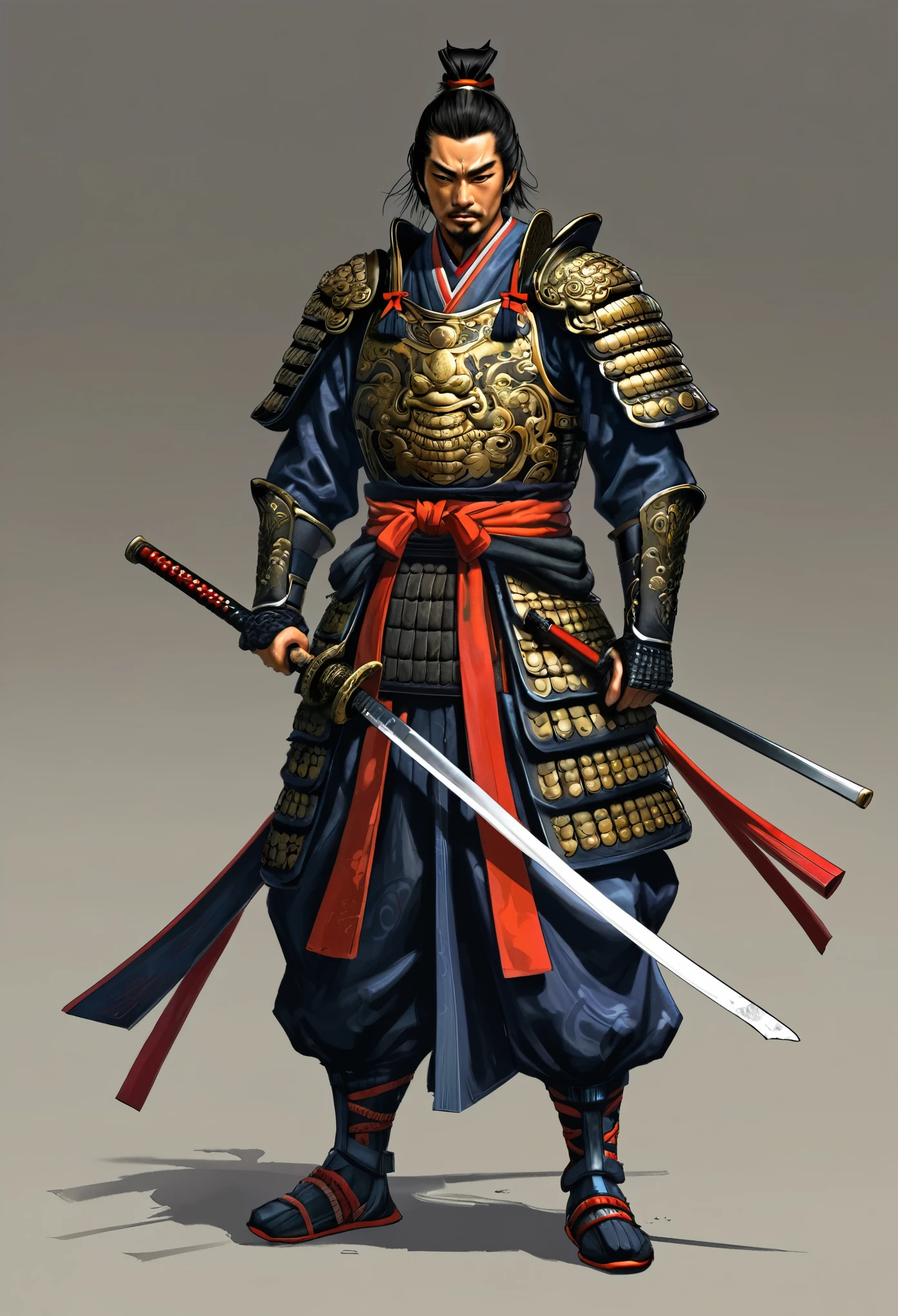 Need to create concept art of a samurai for MMORPG, centered on a Japanese setting. The character must be presented in classic samurai armor and weapons, combining elements of traditional and fantasy design, more details. digital painting