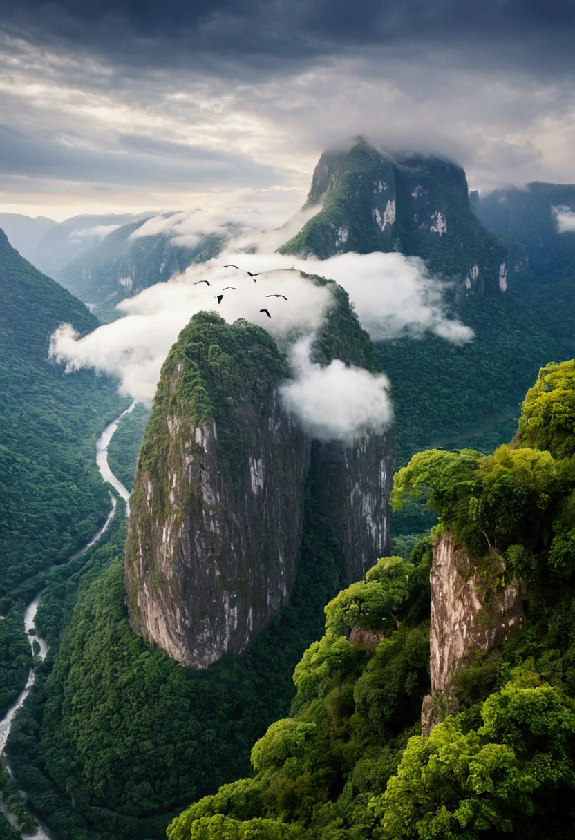 A kingdoms dusting wall up view and on mountain some cloud birds river