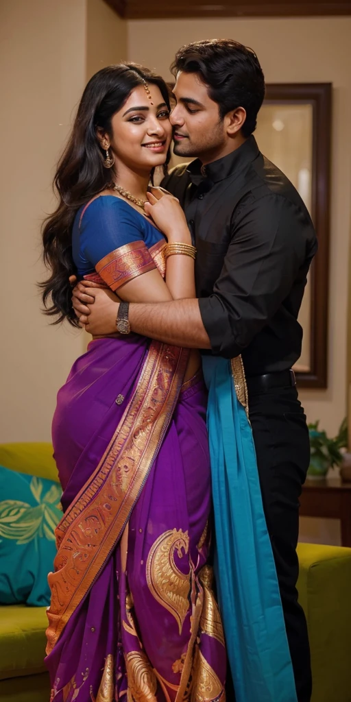 A radiant, full-figured South Indian 25 year old woman wearing a black saree tenderly hugging a jubilant 25-year-old man while in living room, captured in a full-body image with vibrant hues and meticulous details. Belly button visible . Full body image
