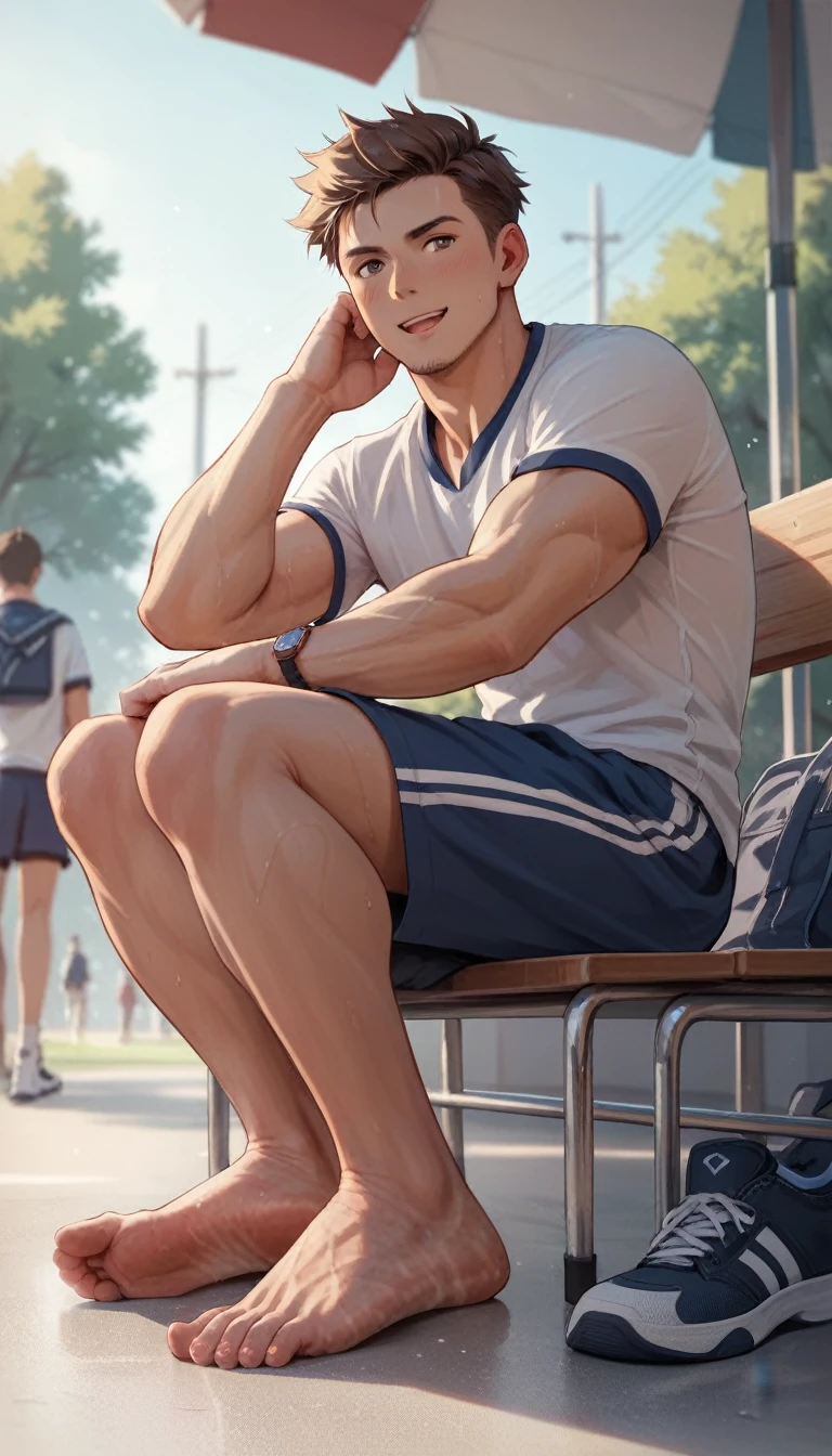 School sports boy showing smelly
feet in public, brown hair