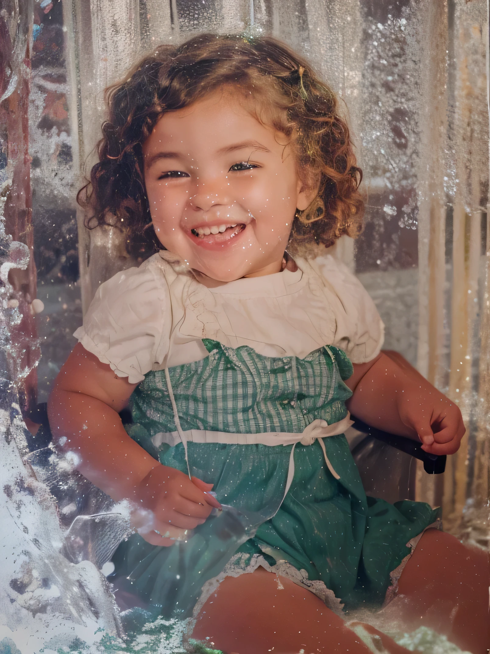 With realistic a slightly curly-haired girl wearing a green and white shirt is laughing