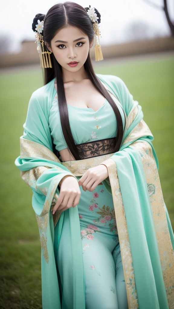 huge breasts：1.1,Fashion model , [[[[boobgasm]]]], [[[[coll]]]], [[[[bshoulders]]]], perfect  eyes, Perfect iris，Perfect skin，Long face，Soft front light，HDlmgirl,White period costume，Green leaves and flowers in the background，（pastel colour：1.2）