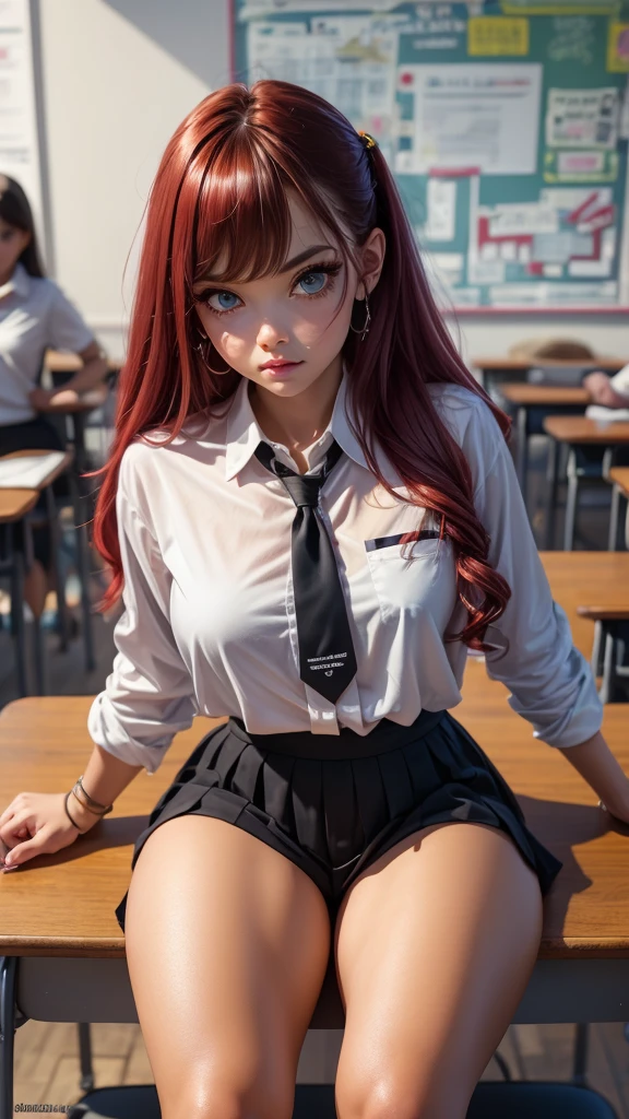 1girl,cute face,baby face,long red hair,shiny hair,soft skin,soft smile, looking at me,big blue eyes, thick thighs,wearing school uniform,white shirt,blue tie,black skirt,sitting on the desk,class room,shorts,,intricate_details_xl,Classic Anime Style SDLX ,Thick waifus