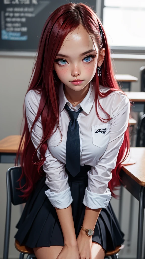 1girl,cute face,baby face,long red hair,shiny hair,soft skin,soft smile, looking at me,big blue eyes, thick thighs,wearing school uniform,white shirt,blue tie,black skirt,sitting on the desk,class room,shorts,,intricate_details_xl,Classic Anime Style SDLX ,Thick waifus 