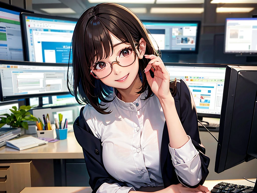 Editor, Glasses, Beautiful and smiling, Cute smile, Beautiful Korean Women, Beautiful smile, boss, senior, Bobcut, Brown Hair, interview, computer, Office Lady, suit, is working, Smiling Kindly, A slightly cute smile, , Hardworking,  OL, masterpiece, ultra detailed, woman, smart, noisy, nervous, amazed, Wink, bob,1 person