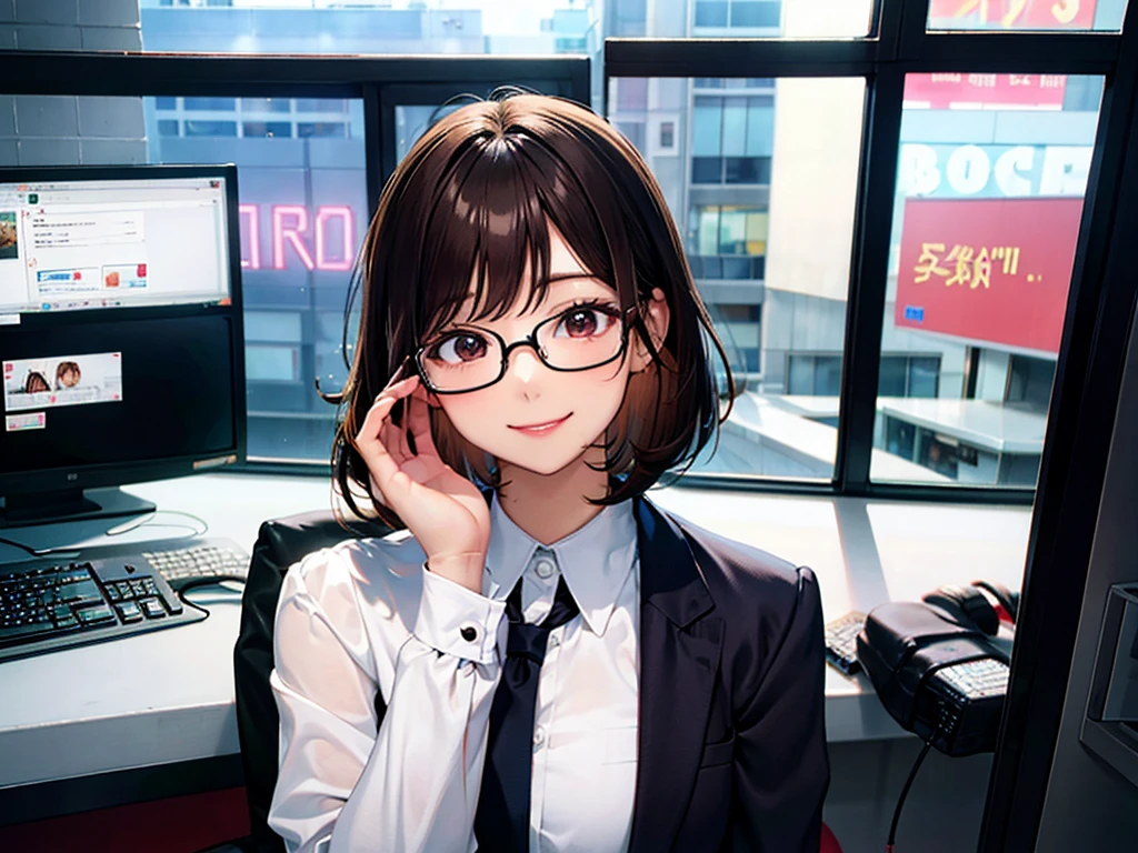 Editor, Glasses, Beautiful and smiling, Cute smile, Beautiful Korean Women, Beautiful smile, boss, senior, Bobcut, Brown Hair, interview, computer, Office Lady, suit, is working, Smiling Kindly, A slightly cute smile, , Hardworking, OL, masterpiece, ultra detailed, woman, smart, noisy, nervous, amazed, Wink, bob,1 person