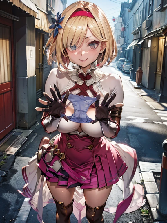 presenting panties, panties, holding, holding panties, djeeta,Zeta,One Girl,Blonde,Shiny Hair,short hair,hair band,Brown eyes,teenage,cute, very shiny 肌,Shiny body,plastic glitter 肌,exaggerated shiny 肌,illuminated 肌, (Huge breasts, Glamour:1.1),(Huge hips),Tight waist,Long legs,curve,Cleavage,erotic,Bold,Revealing clothing,show 肌, (Realistic eyes, Natural skin texture, Realistic facial details), High resolution,Sharp focus,(Super detailed,Very detailed),(Very detailed CG unity 8k wallpaper),(((Vibrant colors))),{best illustration}, Beautiful Eyes,Symmetrical eyes,Big eyes:1.5,Seductive eyes,((complete anatomy)),Perfect Fingers, pubic hair,(erection of nipple),Camel Toe, (((Glamorous clothing))),djeetadef, hairband, armor, pink dress, bow, pink skirt, thigh boots, gauntlets,((White underwear)), seductive smile, embarrassed, Deep blue sky,Shining Sea,Marble columns and arches,The sun is strong and the shadows are deep,Rural port town,A deserted street,Shady stone steps,(Medieval European style),
squat,Open your mouth,