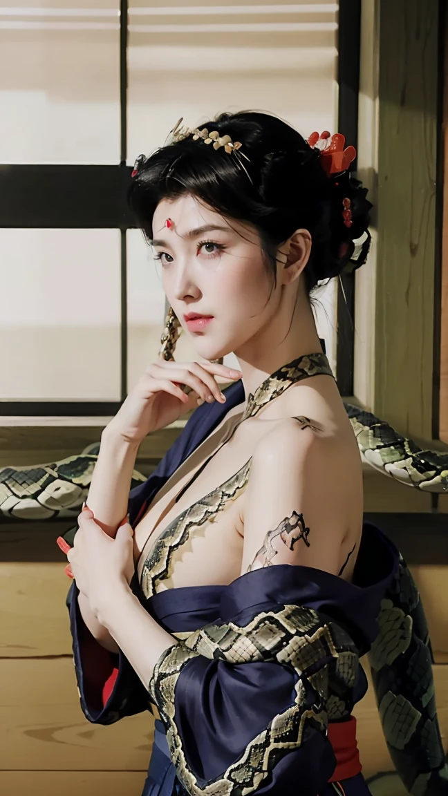 (masterpiece), best quality, Expressive eyes, Perfect face, HD, Benissato, Meinoichi, Snake tattoo, She is a tall and mature woman.，fit，Curved，Long legs，Long arms, Even though she is a ninja herself, Benissato has the appearance of a beautiful and seductive geisha, She has porcelain skin.，Her long black hair was tied into a bun with a hairpin and a traditional comb.。, Benissato is covered in serpent tattoos that come alive when she uses her powers and will usually appear naked during a battle to throw off her male victims, She is wearing a traditional Japanese geisha robe, whole body, Pants, Long sleeve, Vest, sandals, kimono, dividend, Snake Paranormal 