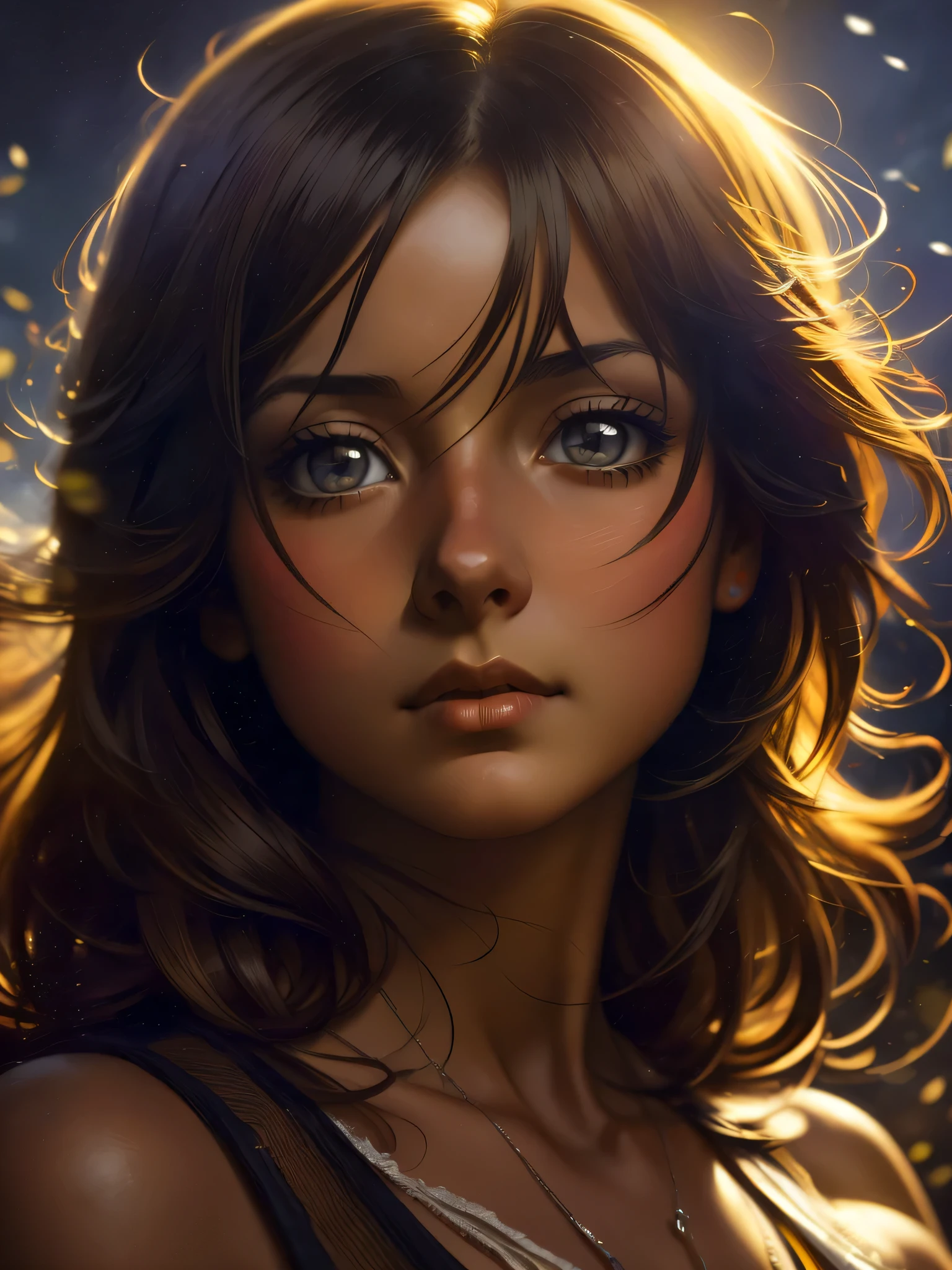 ((Solo Beautiful Colombian woman with dark skin and striking eyes)), shadowed interior background, art by akihiko yoshida, manga art style, colorfield illustration, Scary atmosphere, global illumination, by frank frazetta, art by goro fujita, glamour shot, banner, blur, anime key visual, (blue, yellow and grey colors), dramatic photo, anime girl, Intricate details, chiaroscuro, pino daeni, impressionist (best quality, masterpiece)