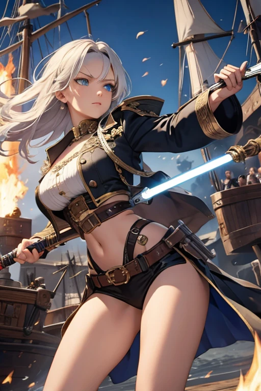 A woman with silver bob hair and blue eyes, extremely detailed and realistic, masterpiece quality, ultra-detailed, HDR, vivid colors, physically-based rendering, pirates, pirates war, on the wooden big ship, (((She is wielding a large saber))), she is a pirates king, battle, she is attacking, she is fighting, fire, flame