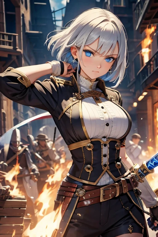 A woman with silver bob hair and blue eyes, extremely detailed and realistic, masterpiece quality, ultra-detailed, HDR, vivid colors, physically-based rendering, pirates, pirates war, on the wooden big ship, (((She is wielding a large saber))), she is a pirates king, battle, she is attacking, she is fighting, fire, flame