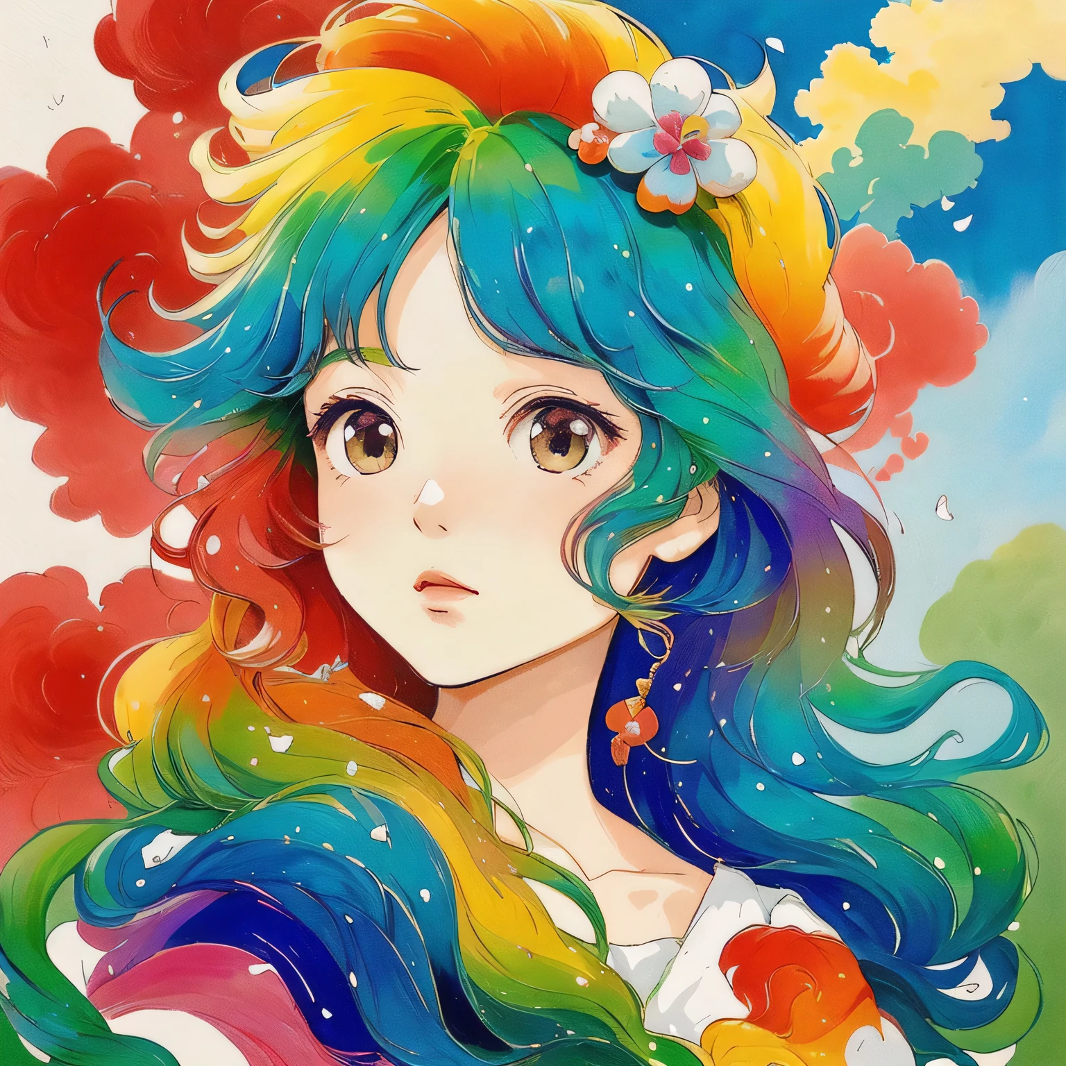 masterpiece, best quality, Hayao Miyazaki style, Simple Line Initialism,Abstract art,Urban Background, (((The most beautiful girl of all time))), Sweet face. Lips in love, colorful hearts, stylish design, 夏のオシャレなTシャツ, 黒い瞳
