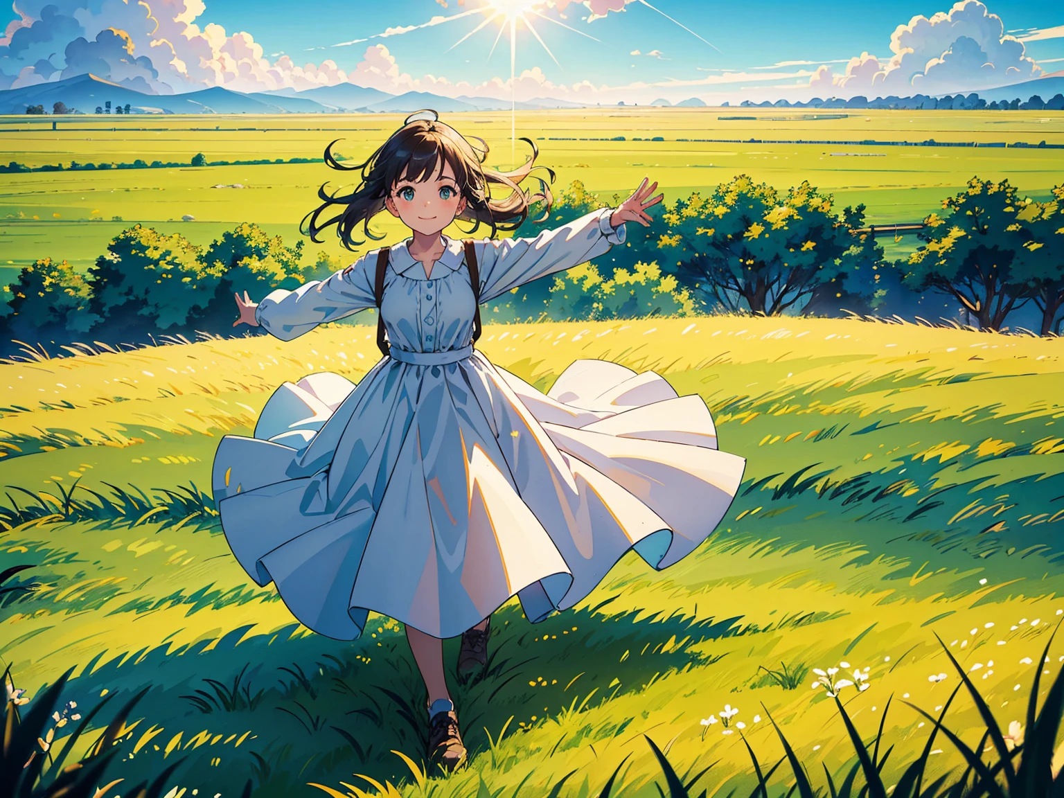 green pastures, detailed sky, clear sky, horizon clouds, detailed ground, girl, portrait, smiling, young woman, simple outfit , white two-strap dress ,running with arms outstretched on the grassland, side view from above, golden afternoon sunlight, lens flash , noise particles effect, strong wind , leaves blowing in the wind , shaking the grass, CONCEPT ART