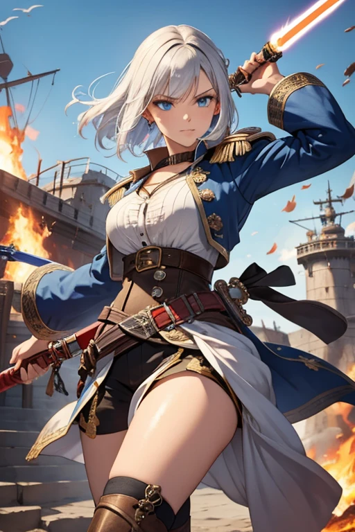 A woman with silver bob hair and blue eyes, extremely detailed and realistic, masterpiece quality, ultra-detailed, HDR, vivid colors, physically-based rendering, pirates, pirates war, on the wooden big ship, (((She is wielding a large saber))), she is a pirates king, battle, she is attacking, she is fighting, fire, flame