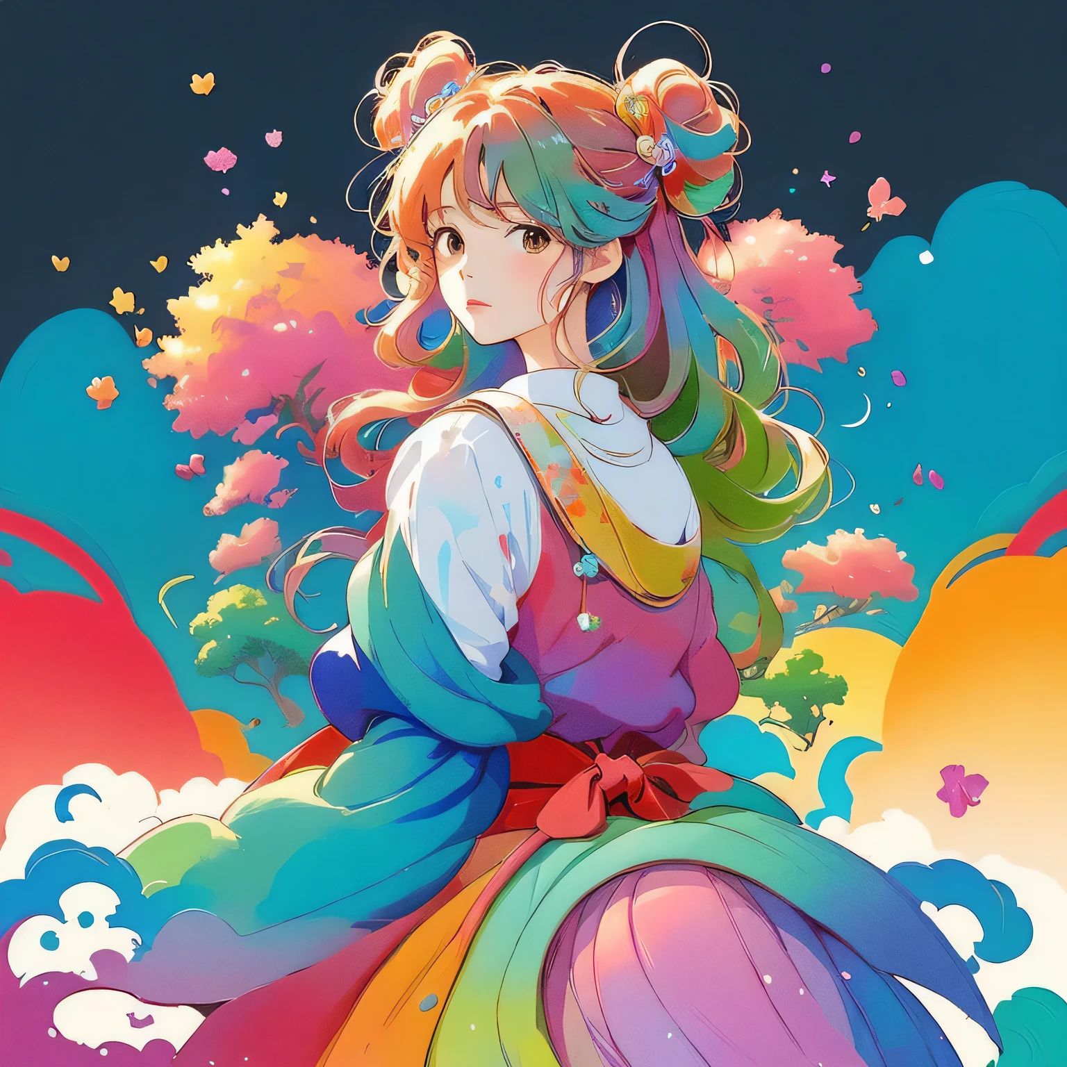 masterpiece, best quality, Hayao Miyazaki style, Simple Line Initialism，Abstract art，Urban Background, (((The most beautiful girl of all time))), Sweet face. Lips in love, colorful hearts, stylish design, 夏のオシャレなTシャツ, 黒い瞳