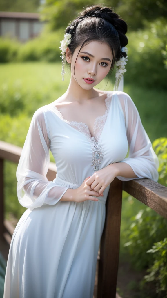 huge breasts：1.1,Fashion model , [[[[boobgasm]]]], [[[[coll]]]], [[[[bshoulders]]]], perfect  eyes, Perfect iris，Perfect skin，Long face，Soft front light，HDlmgirl,White period costume，Green leaves and flowers in the background，（pastel colour：1.2）