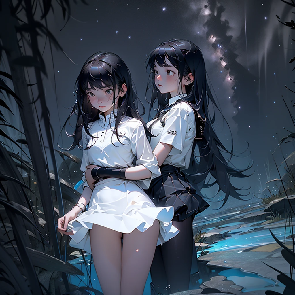 The bottom of the sea, deep sea, scenery, Starry Sky, night, One girl, alone, Outdoor, Are crying, Long Hair, White skin, silhouette, Short skirt