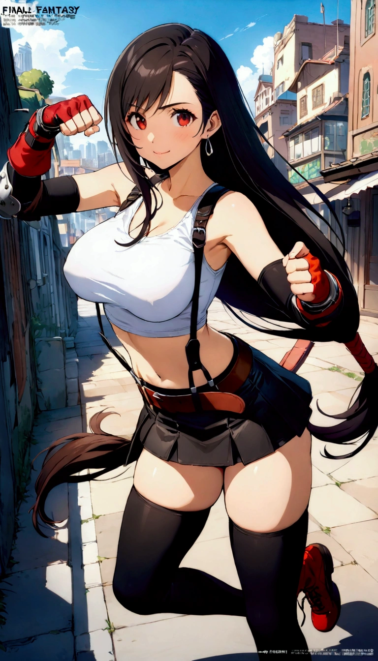 score_9, score_8_up, score_7_up,(best quality,masterpiece),ultra detailed,(aesthetic,very aesthetic),highly detailed),megami_magazine,official art,1girl, tifa lockhart, final fantasy, tareme,black hair, low-tied long hair, red eyes, bangs, white tank top, belt, pleated skirt, thighhighs, elbow fingerless gloves, elbow pads, midriff, navel,suspender skirt . ,(large_breasts:1.2),(perky breasts;1,2),(light smile),panties shot,,Solo,,(daytime and beachside and city),,professional lighting,cinematic lighting,fullbody,fighting pose,fighting stance,