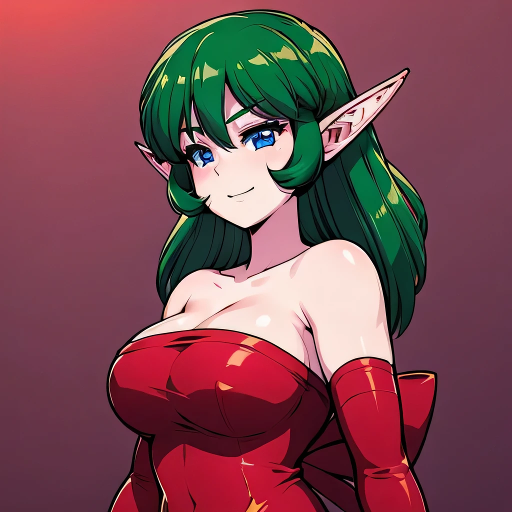  ((masterpiece,best quality,ultra-delicate,Perfect Face,16k,high resolution,very beautiful girl)),green hair,Red strapless bodycon tube dress ,Red long arm sleeves,red huge bow with back of dress:1.3,Elf Girl,large Breasts,blue eyes,very fine smile,20 years old,