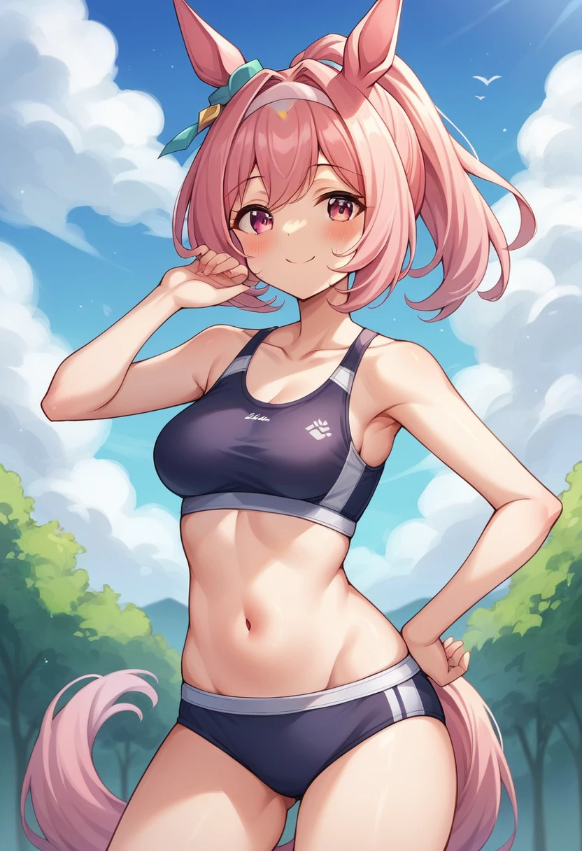 haru urara (umamusume), 1girl, solo, breasts, looking at viewer, blush, smile, navel, animal ears, medium breasts, collarbone, tail, ponytail, pink hair, thighs, cowboy shot, small breasts, outdoors, sky, day, cloud, pink eyes, blue sky, hand on hip, horse ears, horse girl, horse tail, buruma, sports bra, sports bikini