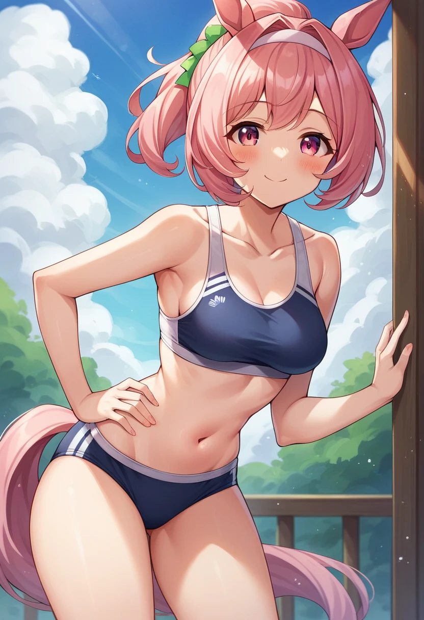haru urara (umamusume), 1girl, solo, breasts, looking at viewer, blush, smile, navel, animal ears, medium breasts, collarbone, tail, ponytail, pink hair, thighs, cowboy shot, small breasts, outdoors, sky, day, cloud, pink eyes, blue sky, hand on hip, horse ears, horse girl, horse tail, buruma, sports bra, sports bikini
