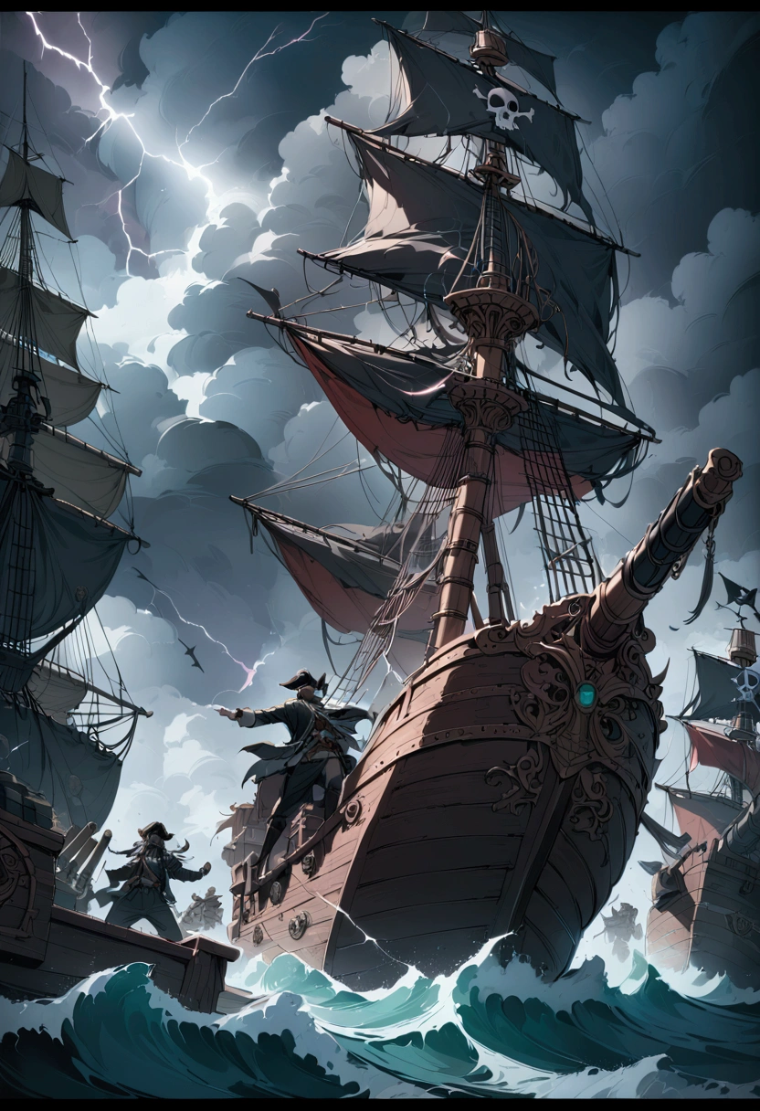 Pirate War, A pirate ship sailing on a stormy sea, dark clouds in the sky, lightning strikes, crew members battling with swords, cannons firing, treasure chest on the deck, detailed gritty textures, dramatic lighting, moody color palette, (4k,8k,highres:1.2), ultra-detailed, cinematic, action adventure, hyper detailed, masterpiece, best quality, very aesthetic, absurdres